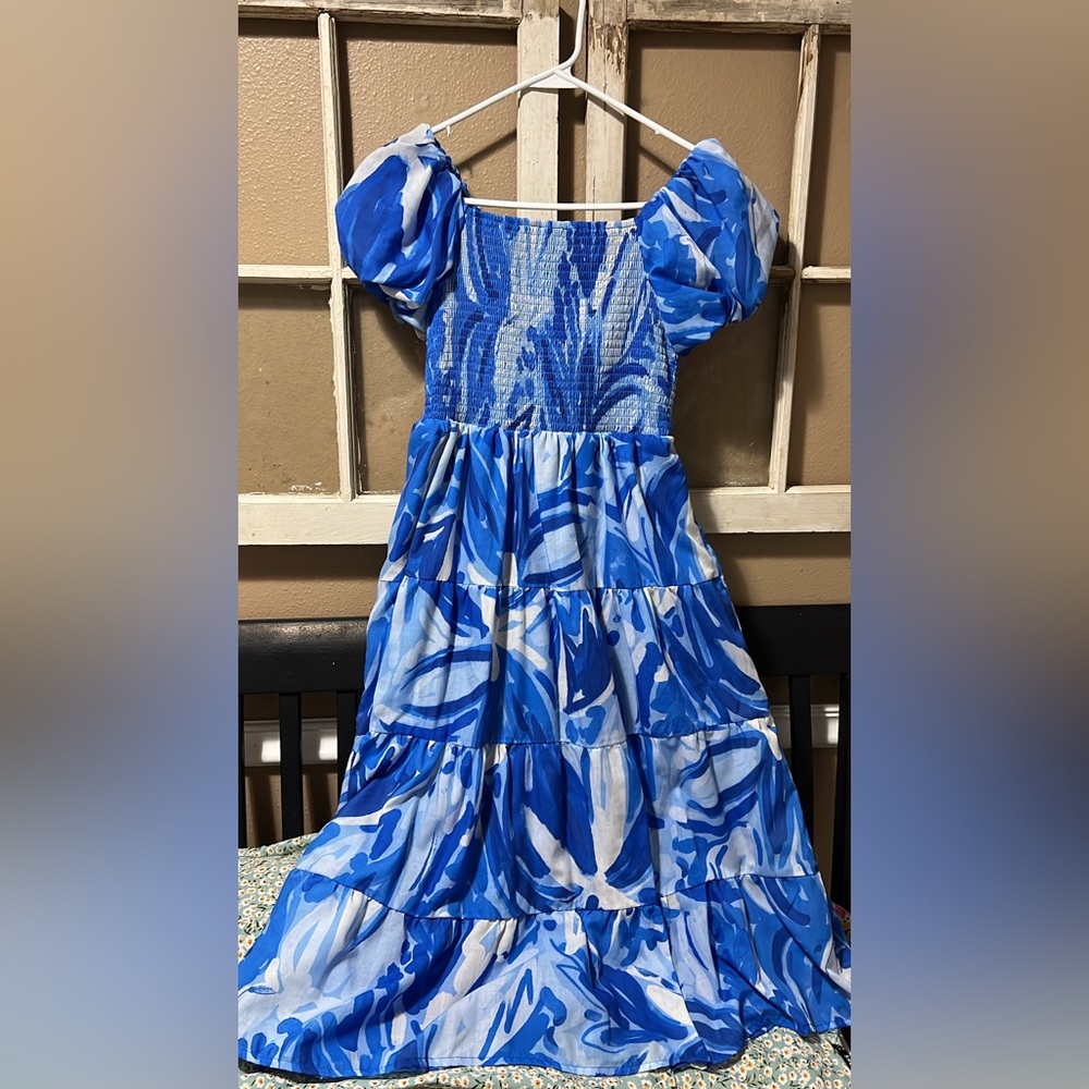 Blue Marble-Print Puff Sleeve Kids Dress